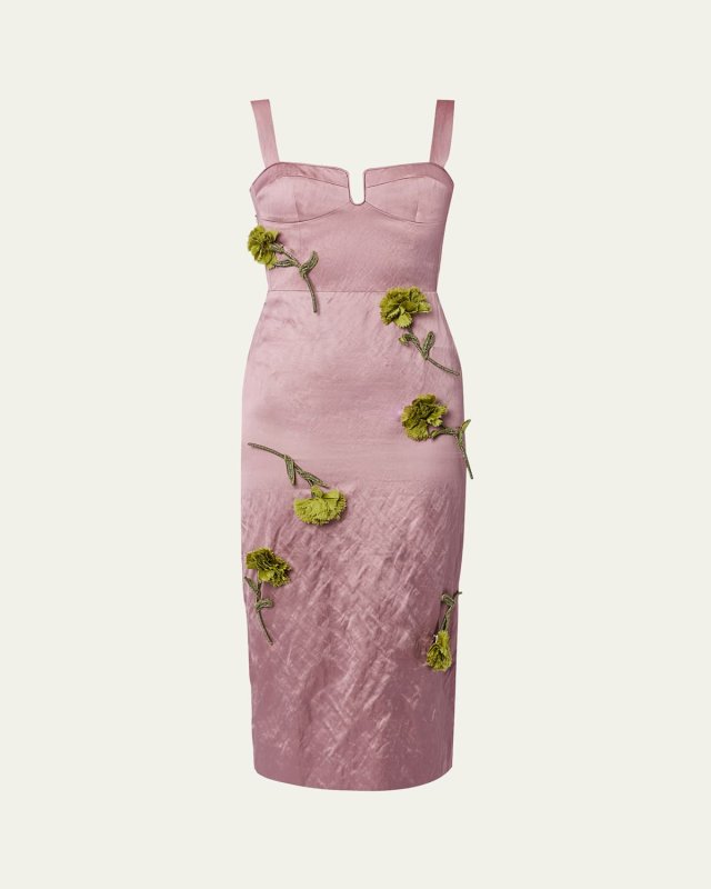 Floral Applique Bustier Cocktail Midi Dress